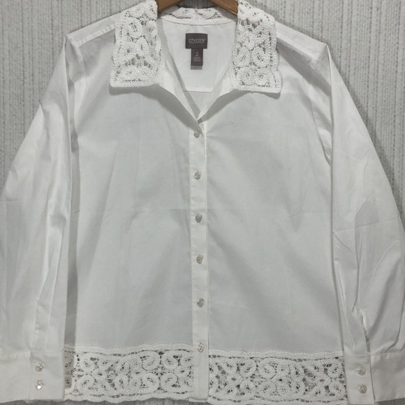 Chico's Tops - Chico's White Crochet Lace Trim Button Down Shirt Size 2 Large Long Sleeve Top